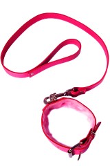 Collier et Laisse en Cuir Rose Intense